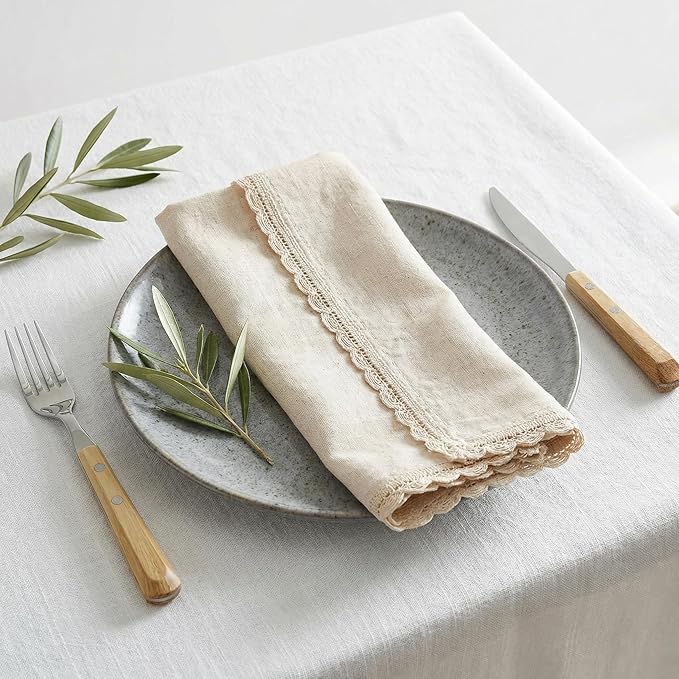 Flax Lace Cloth Dinner Napkins Set of 4 Natural - 20x20 Inches, Premium Cotton Linen Reusable Dinning Table Napkin Ideal for Spring, Easter, Birthday | Washable Everyday Use Napkin for Banquet Event
