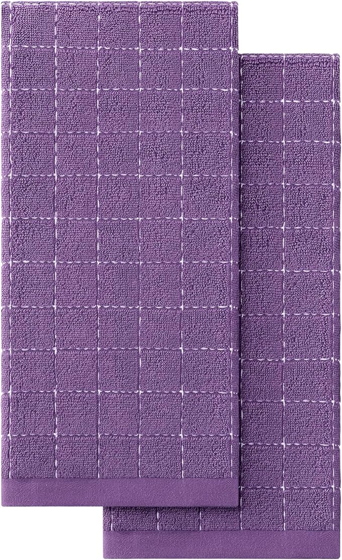 Homaxy 100% Cotton Terry Kitchen Towels(Purple, 13 x 28 inches), Checkered Designed, Soft and Super Absorbent Dish Towels, 2 Pack