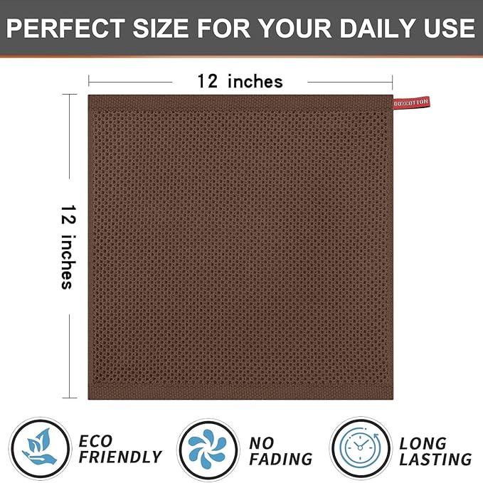 Kitinjoy 100% Cotton Kitchen Dish Cloths (12 X 12 Inches, Coffee), 6 Pack Waffle Weave Ultra Soft Absorbent Dish Towels for Drying Dishes Quick Drying Kitchen Towels Dish Rags