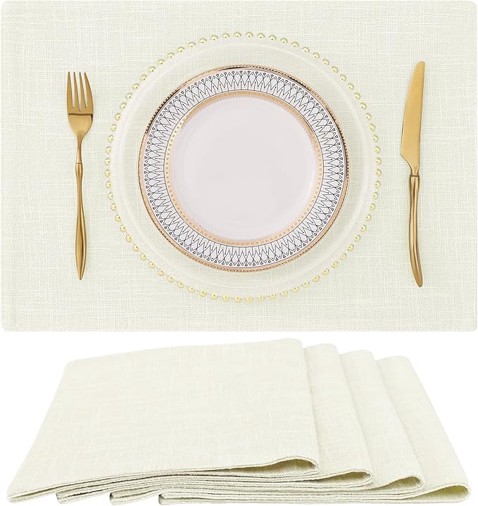 homing Cotton Linen Placemats Set of 4, Cloth Washable Farmhouse Dining Table Mats for Indoors & Outdoors, Easy to Clean, Cream, 13 x 19 Inch