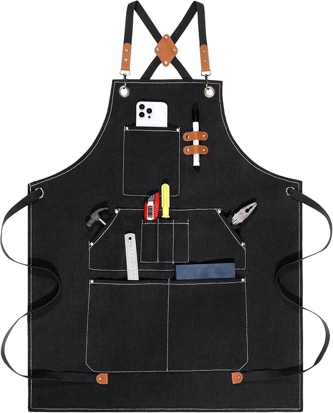 Work Apron for Men Women with 9 Pockets, Black Cross Back Chef Aprons 14oz Cotton Canvas, Tool Apron for Woodworkers Kitchen Cooking, Size M to XXL