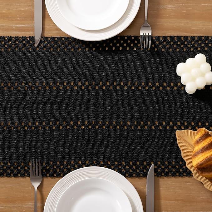 Socomi Boho Table Runner Macrame Easter Spring Farmhouse Woven Cotton Linen Rustic Coffee Table Runner with Tassels for Dresser Scarf Home Decor Dining Room 12x90 inch Black