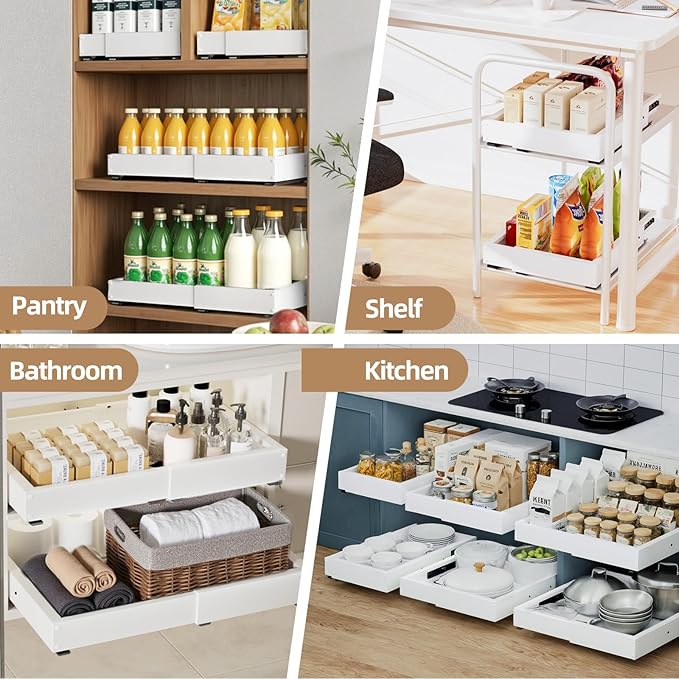 Expandable Pull Out Cabinet Organizer, Adjustable Width 12"-19" & Depth 16.5"-22", 4-Side Extension, 5 Slide Rails for Heavy Duty Use, Adhesive Roll Out Shelves for Kitchen Cabinets, White 1PCS