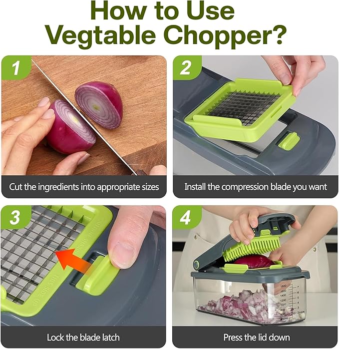 Vegetable Chopper, 16-in-1 Food Slicer, Onion Chopper, Mandoline Vegetable Slicer, Cutter, Spiralizer, 8 Stainless Steel Blades, Includes a Food Storage for Kitchen