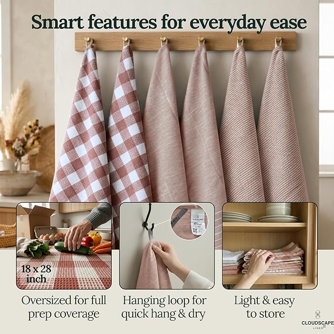 CLOUDSCAPE Kitchen Towels Set of 6 : Cotton-Blended Dish Cloths, Waffle Weave Quick-Drying Dish Towels for Kitchen Essentials, Highly Absorbent, Durable 18”x28” Hand Towels with Hanging Loop - Rust