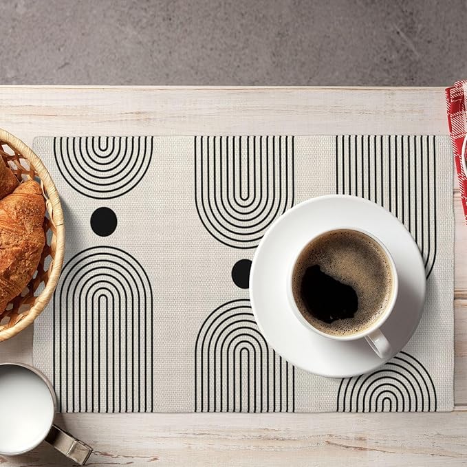 Boho Mid Century Placemats 12x18 Inch Set of 4, Abstract Simple Sun Arch Pattern Table Place Mat Boho Modern Black Spot Washable Table Mats Decorative Linen Fabric Table Mat for Dining Table