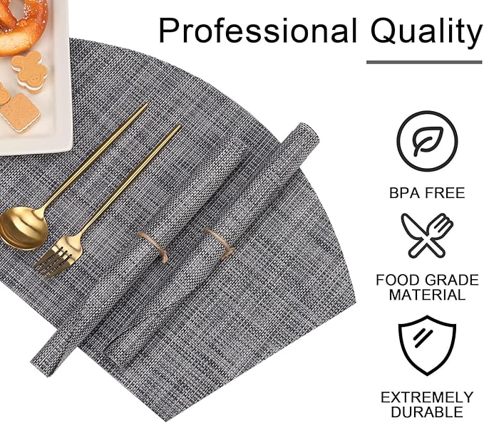 SHACOS Wedge Placemats Set of 4 Woven Vinyl Placemats for Round Table Wipe Clean Curved Fan Table Mats Placement Mat Indoor Outdoor, Dark Gray
