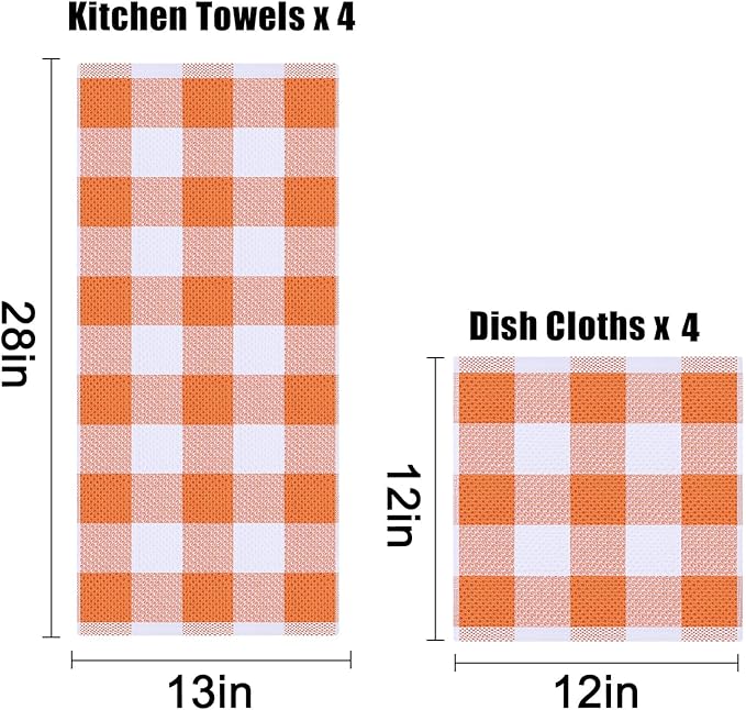Homaxy Kitchen Towels and Dishcloths Set, 12 x 12 and 13 x 28 Inches, Set of 8 100% Cotton Waffle Weave Check Plaid Kitchen Dish Towels, Super Soft and Absorbent Dish Cloths, White & Orange