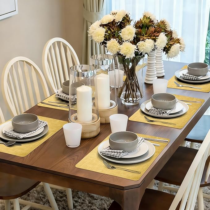 Maxpearl Faux Leather Placemats Set of 6 - Waterproof - Wipe Clean - Heat Resistant - Anti Slip Dining Table Place Mats, Suitable for Indoor & Outdoor Use, 17’’×12’’, Yellow