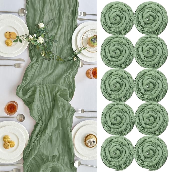 IVAPUPU 10 Pcs Cheesecloth Table Runner - 10ft Sage Green Spring Boho Gauze Cheese Cloth Table Runners for Baby Shower Decorations Wedding Party Garden Farmhouse