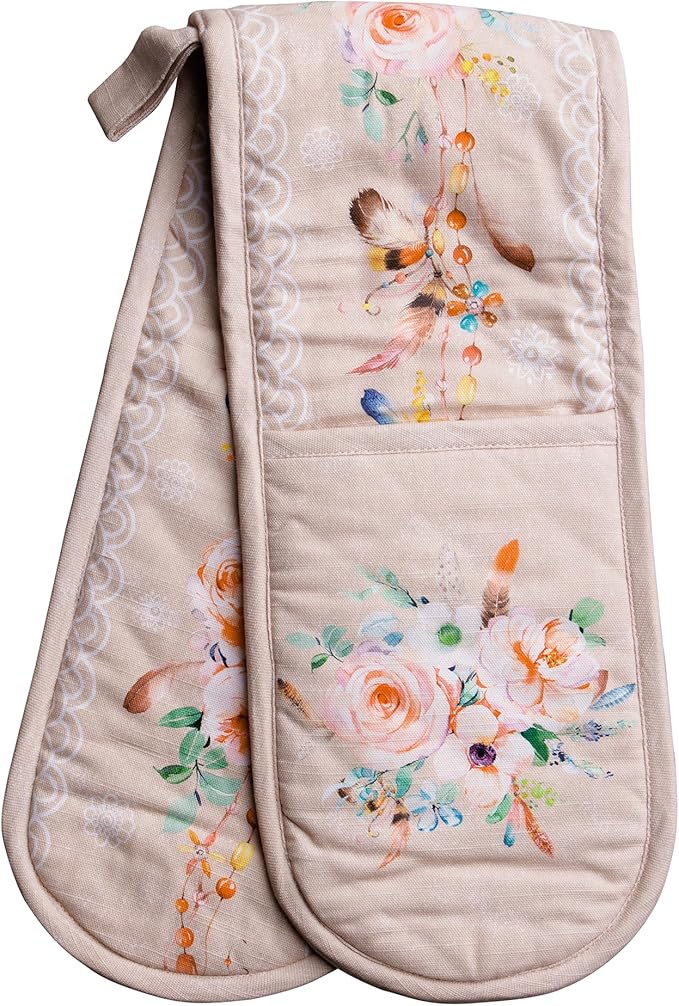 Maison d' Hermine Double Oven Mitts 100% Cotton 7"x35" Double Oven Mitt Heat Resistant BBQ Cooking Gloves with Loop Baking Grilling Gifts for Mothers Day Spring Summer (Ibiza - Beige)