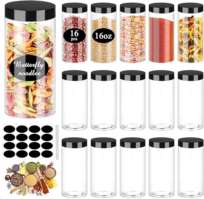 SLifeJars Plastic Jar with Lids 16oz Clear Empty Containers 16Pcs Straight Cylinders Storage Jars with Airtight Black Lid Stackable Refillable Round Plastic Jars for Kitchen Food & Home Storage