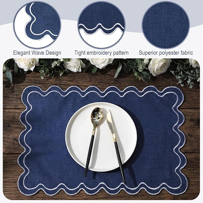 Linen Placemats Set of 12 Scalloped Placemat 13 X19 Wavy Embroidery Double Layered Washable Farmhouse Dinner Fabric Table Mat Napkin for Wedding Party Christmas Hotel Restaurant(Navy Blue)