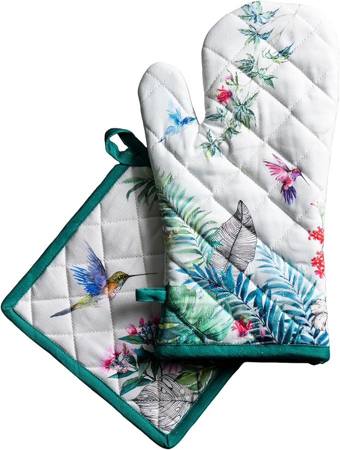 Maison d' Hermine 100% Cotton Oven Mitt & Pot Holder Set (7.5"x13" & 8"x8") Heat Resistant BBQ Cooking Gloves with Loop Baking Grilling Kitchen Gifts for Mothers Day Spring/Summer (Tropiques)