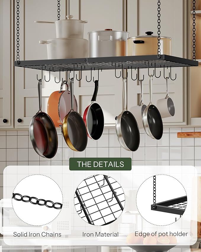 CHOEZON Hanging Pot Rack, Ceiling Mounted Pot Hanger for Kitchen, Metal Cookware Storage Organizer with 12 Hooks, for Storage of Cookware, Utensils in Kitchen, Black TPR31BB