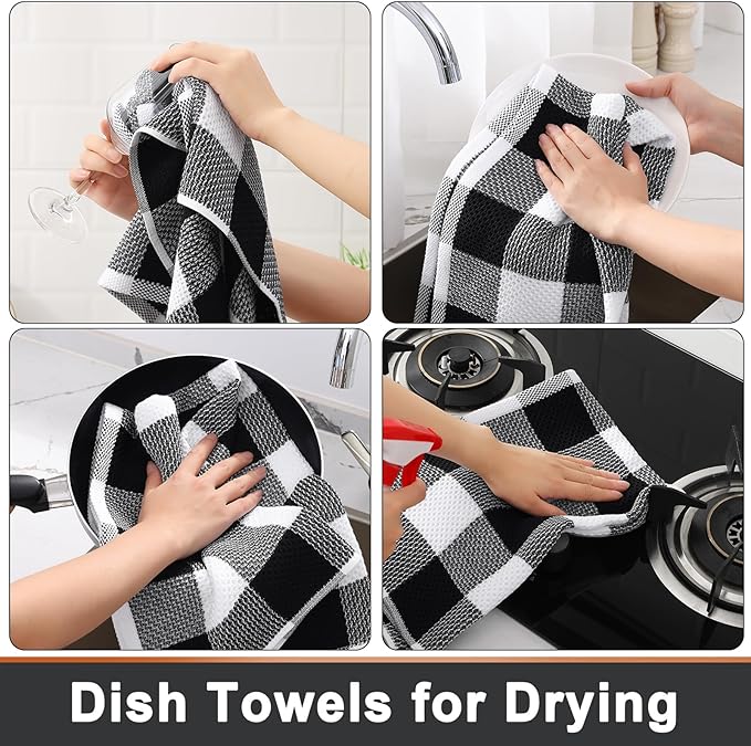 Mordimy 100% Cotton Waffle Weave Kitchen Towels, 20 x 28 Inches, Super Soft and Absorbent Buffalo Check Large Dish Towels for Drying Dishes, 4-Pack, Black & White