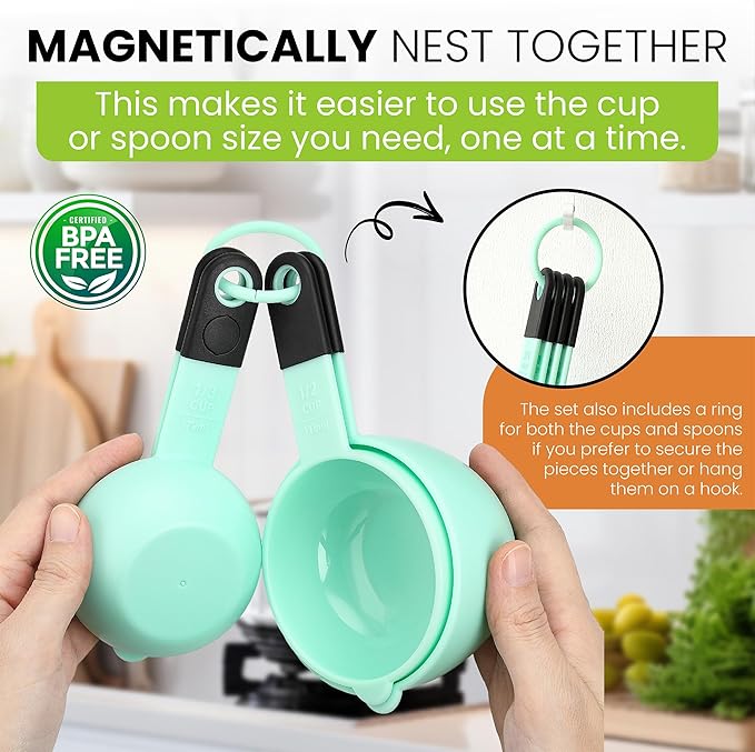Spring Chef Mint Magnetic Measuring Cups and Spoons Set of 9, Stackable Plastic Kitchen Tool with Easy to Read Markings - Measure Dry or Liquid Ingredient for Baking & Cooking, BPA Free