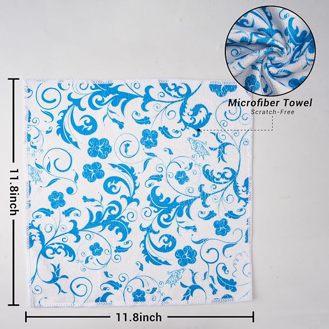 YUA Microfiber Cleaning Cloth 12 Pack,Microfiber Towels Cleaning,Microfiber Towels for Cars,Absorbent Dish Washing Cloth,Reusable Cleaning Cloths Lint Free (Blue Bellflower)