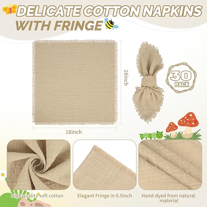 Showgeous 30 Pack Caramel Cloth Napkins with Fringe 16x16 inch 100% Cotton Caramel Napkins Handmade Dinner Napkins Bulk Washable Soft Rustic Table Napkins for Wedding Parties Bridal Baby Shower