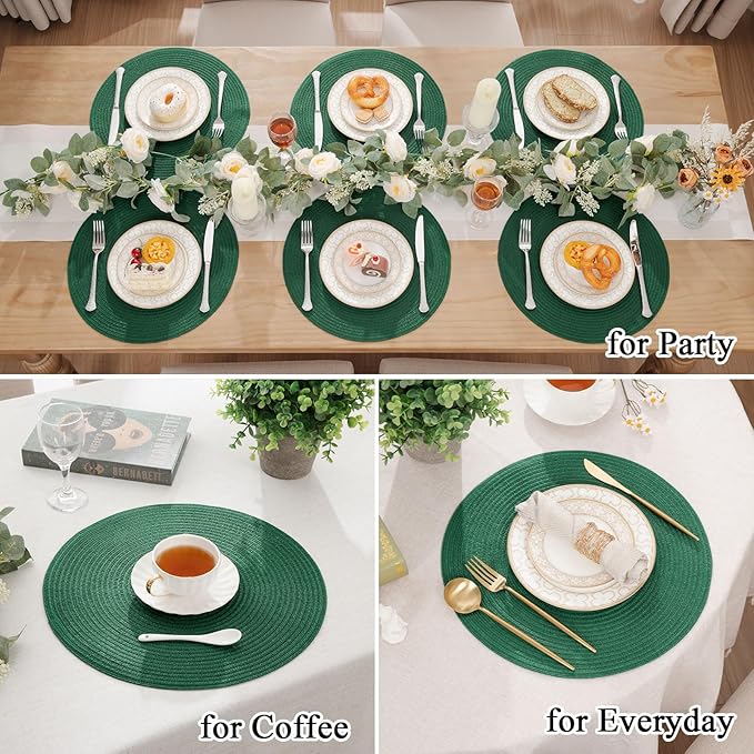 SHACOS Dark Green Round Placemats Set of 6 Cotton Polyester Braided 15 inch Washable Kitchen Dining Table Place Mats Christmas Table Mats for Home Wedding Party Decor