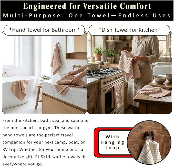 PÜSKÜL Natural 100% Turkish Cotton Waffle Kitchen Towels Set of 3 | Oeko-Tex, Premium Waffle Hand Towels for Bathroom | Soft Absorbent Quick-Dry Lint-Free Dish Towel Large 32x16 inch (3, Beige)