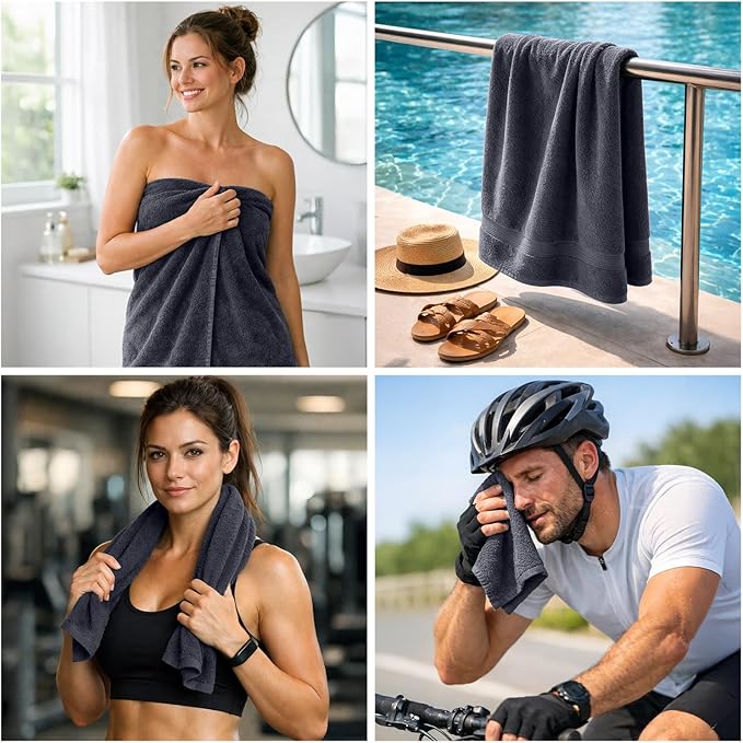 DAN RIVER 8 PC Luxury Bath Towels for Bathroom, 2 Bath, 2 Hand, and 4 Wash Cloths, 600 GSM 100% Ring Spun Cotton Towel Set, Highly Absorbent, Gym, Hotel, and Spa, Dark Gray