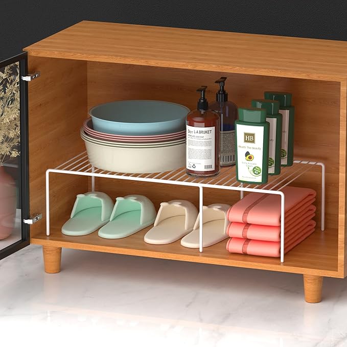 Redrubbit 4-Piece Expandable Metal Rustproof Storage Shelf Rack, Kitchen Counter and Cabinet Organizer, Space Saver for Fridge, Bathroom, White, Set of 2