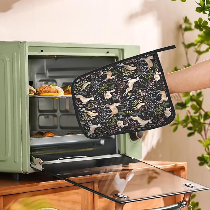 2PCS Forest Deer Pot Holder with Loop,Heat Resistant Oven Pads,Hot Pat for Kitchen Cooking Baking Food