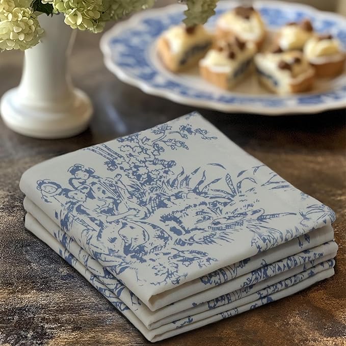 COTTON CRAFT French Country Toile Cloth Cocktail Napkins - Set of 12 - 100% Cotton Bar Napkin for Happy Hour, Beverage, Dessert, Drinks - Holiday Party Gift - 10x10 - Blue