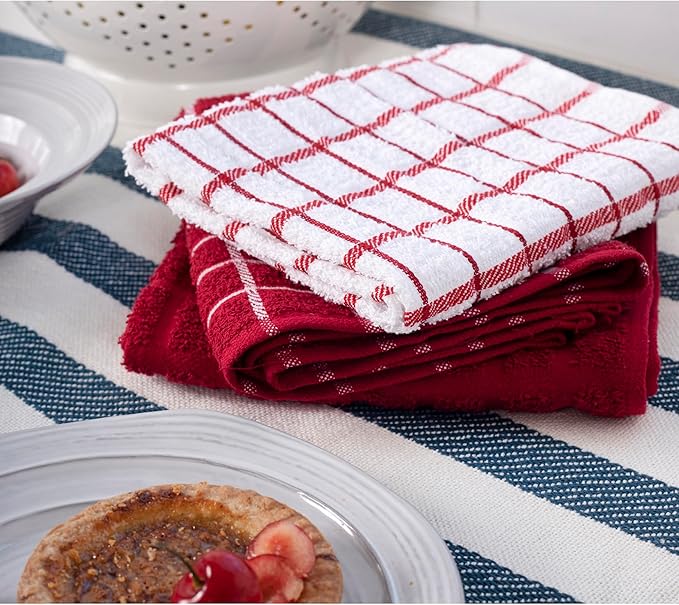 Ritz Premium 100% Cotton Terry Check Kitchen Dish Towels - Highly Absorbent, Super Soft, Long-Lasting, 25"x15", 3-Pack, Paprika Red