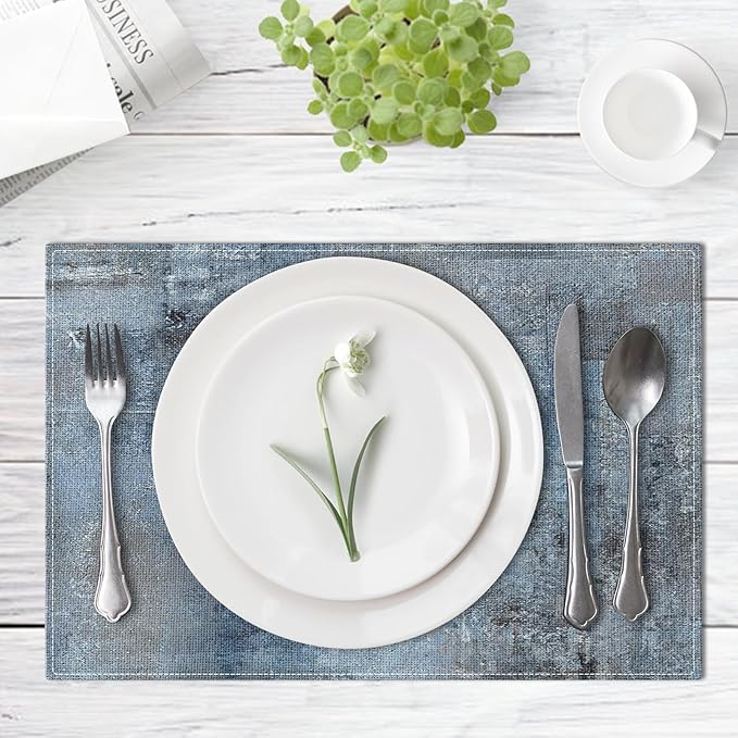 Emvency Farmhouse Placemats Set of 6,12x18 Inch Linen Rectangular Place Abstract Blue Vintage Modern Navy Table Mats for Indoors & Outdoor Home Party Kitchen Dining Decoration