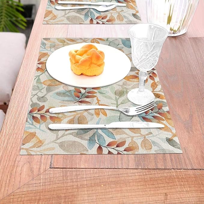 Fall Colourful Leave Placemats 12x18 Inch Set of 4, Beige Eucalyptus Leaves Table Place Mat Seasonal Autumn Washable Table Mats Decorative Linen Fabric Table Mat for Dining Table