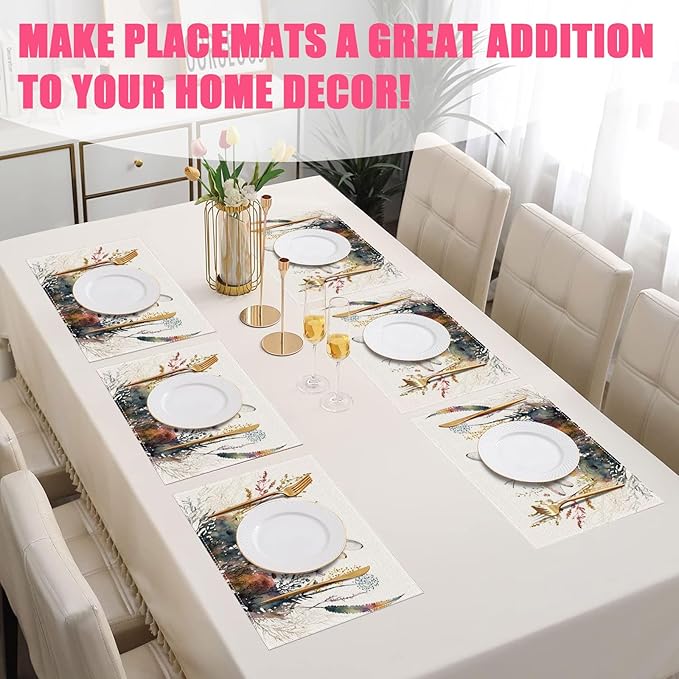 Watercolor Dragonfly Floral Placemats Set of 6,12x18 Inch Linen Place Mat Washable Stain Resistant Table Mats for Spring Summer Seasonal Farmhouse Kitchen Party Home Decor