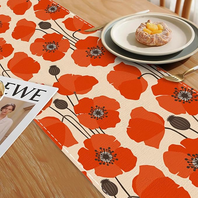 Table Runner Vintage Poppy Flower Table Runners Summer Seasonal Kitchen Dinning Decor for Indoor Outdoor Holiday Home Wedding Party 13x70 Inch
