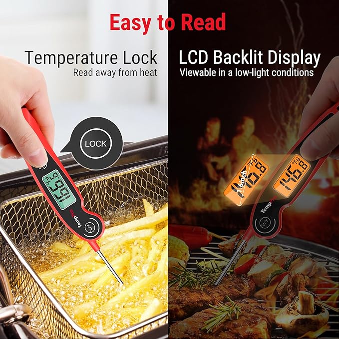 TempPro TP605 Instant Read Meat Thermometer for Cooking, Waterproof Digital Food Thermometer with Large Backlit LCD, Kitchen Thermometer for Grilling, Smoking & Candy Making (Previously ThermoPro)