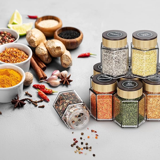 Vetacsion Set of 18 Magnetic Glass Spice Tins with 100 Preprinted Seasoning Label Stickers (Include Black Metal Wall-Plates)