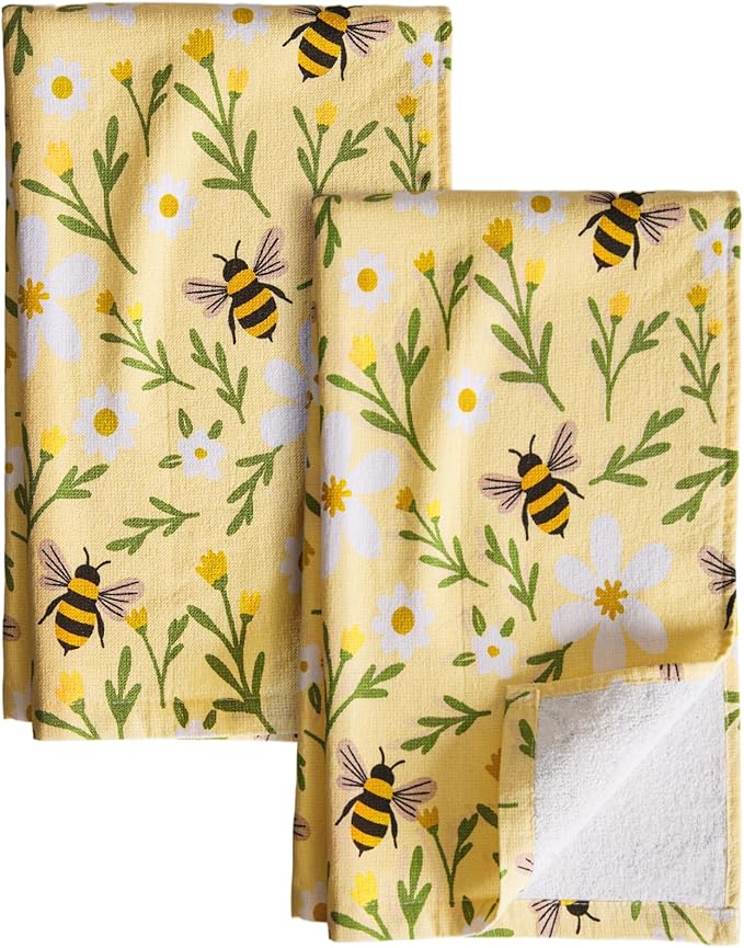 Miss Adola Cotton Kitchen Towels Set of 2 - Cute Design 16×26 Inch Dish Towels for Kitchen with Hanging Loop Bee Quick Dry Hand Towels Soft & Absorbent, Home Decorative,Terry Cloth Tea Towels