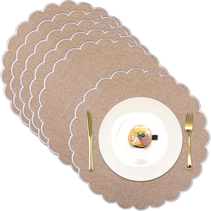 Set of 6 Round Placemats 15 Inch Cotton Scalloped Embroidery Placemat Washable Double Layered Rustic Dinner Table Mat Decor Fabric for Hotel Restaurant Kitchen(Flaxen/White,Classic)