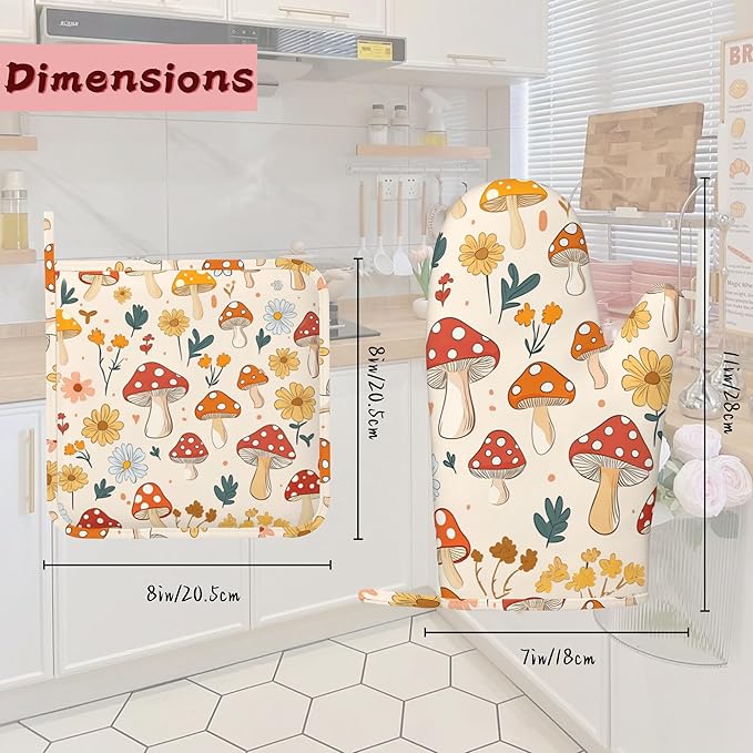 Retro Mushroom Daisy Flowers Silicone Oven Mitts and Pot Holders,Heat-Resistant 4 Piece Kitchen Set Non-Slip Oven Gloves and Hot Pads for Cooking, Baking, Grilling,BBQ