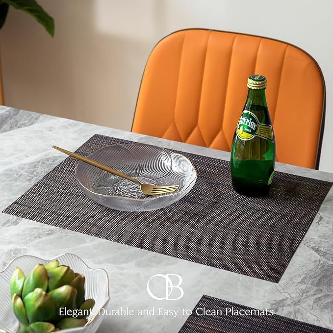 Placemats Set of 6 - Easy Clean Woven Vinyl Placemats for Dining Table, Indoor/Outdoor Place Mats, Washable PVC Table Mats（Black/Brown）