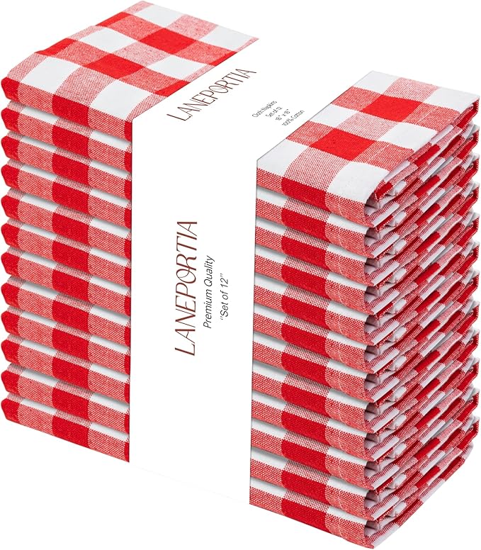 Cloth Napkins Set of 12, 100% Cotton Dinner Napkins 18x18 Inch, Soft Absorbent Gingham Check Napkin for Restaurant, Table Décor, Reusable Washable for Everyday Use - Red/White