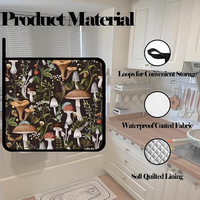 Retro Mushroom Pot Holders Set of 2,Kitchen Heat Resistant Potholder for Microwave Cooking Baking Oven and BBQ