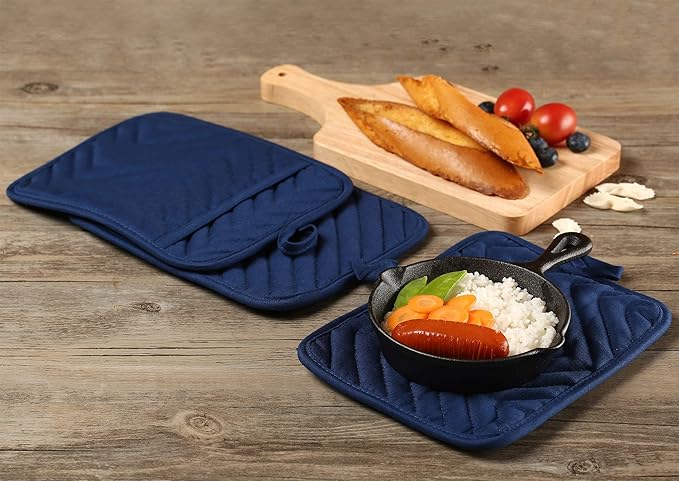Cotton Pocket Pot Holders Machine Washable Heat Resistant Hot Pads for Kitchen Square Blue Oven Mitts 7"x9" Set of 3
