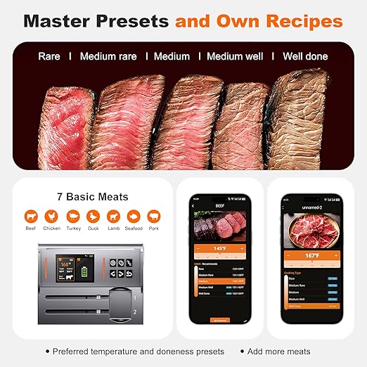 NIGOGOR Dual Probes Meat Thermometer, Smart Digital Magnetic Standalone Base, Bluetooth Wireless Meat Thermometer Remote Tracking and Real-Time Readings, iOS and Android, for Grill, BBQ, Smoker