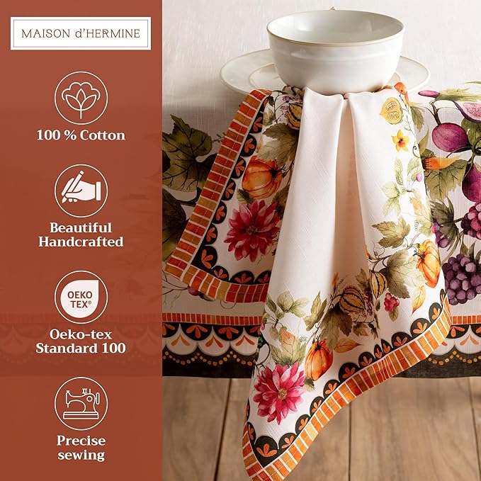 Maison d' Hermine Cloth Napkins Set of 4 100% Cotton for Thanksgiving Christmas Decorations Everyday Reusable Square Fall Napkins Cloth Washable Dinner Party (Pumpkin Garden - Cloudy Cream, 20"x20")