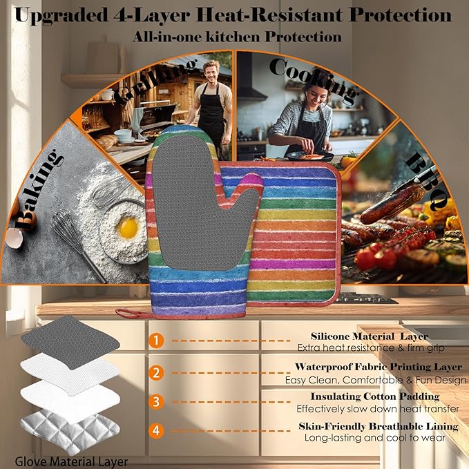 Colorful Graffiti Oven Mitts and Pot Holders Sets Rainbow Silicone Heat Resistant Kitchen Oven Gloves Pot Holder for Cooking Baking Grilling BBQ