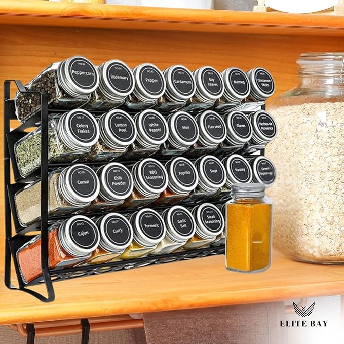 Spice Jar Rack with KEEP – 4-Tier Organizer with 28 Empty Bottles, 180 Waterproof Labels (55 Blanks), Funnel &Screws | Space-Saving Spice Storage Set for Kitchen Counter or Cabinet