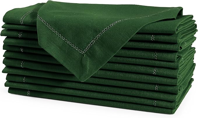 FINGERCRAFT Cloth Napkins, Hemstitch Napkins Cloth, 20x20 Inch Generous Golden Zari Picot Hem, Mitered Corner, Premium Quality Perfect for Parties Dinners Weddings Set of 12 Christmas Color Eden Green