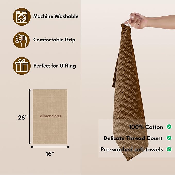 Native Fab Cotton Kitchen Towel with Hanging Loop 16x26 inches, 6-Pack, Waffle Weave Kitchen Towels for Cleaning Drying, Washcloths Soft & Absorbent Cloth Rags, Bar Towel, Dish Cloth, Brown