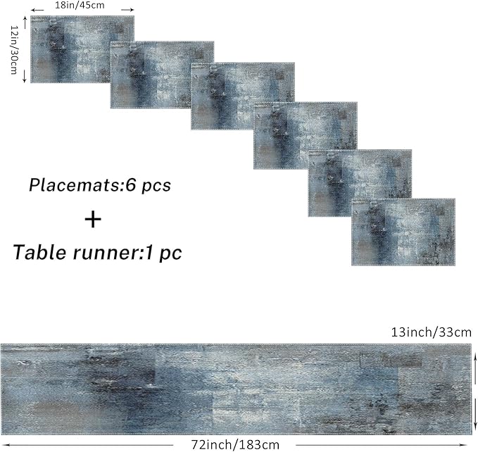ArtSocket Farmhouse Table Runner and Placemats Set of 6, Abstract Blue Grey Gray Vintage Painting Art Dining Decor for Daily Use(1 Table Runner 72 inches Long and 6 Placemats)